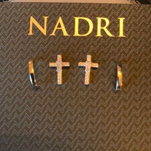 NADRI 2 sets of Stud Earrings Jeweled cross and half hoop